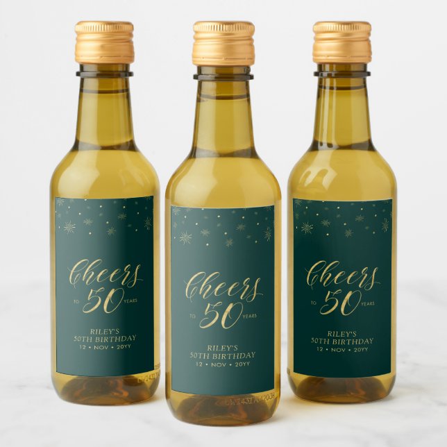 Gold & Green Cheers 50 years, 50th Birthday Party Wine Label (Bottles)