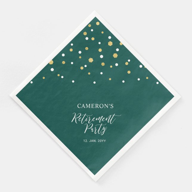 Gold & Green Chic Confetti Retirement Party Paper Dinner Napkins (Corner)