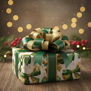 Gold Green Christmas Bows Vintage Wrapping Paper