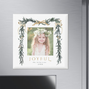 Gold & Green Christmas Frame Photo Joyful Holiday Magnet