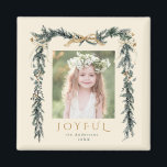 Gold & Green Christmas Frame Photo Joyful Ivory Magnet<br><div class="desc">This elegant photo holiday square magnet features a watercolor pine branch frame (border) adorned with gold ribbons,  holly berries,  and botanical greenery with a stylish 'JOYFUL' script.  For more advanced customization of this design,  please click the BLUE DESIGN TOOL BUTTON above!</div>