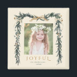 Gold & Green Christmas Frame Photo Joyful Ivory Magnet<br><div class="desc">This elegant photo holiday square magnet features a watercolor pine branch frame (border) adorned with gold ribbons,  holly berries,  and botanical greenery with a stylish 'JOYFUL' script.  For more advanced customization of this design,  please click the BLUE DESIGN TOOL BUTTON above!</div>