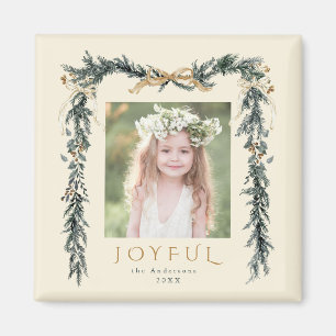 Gold & Green Christmas Frame Photo Joyful Ivory Magnet