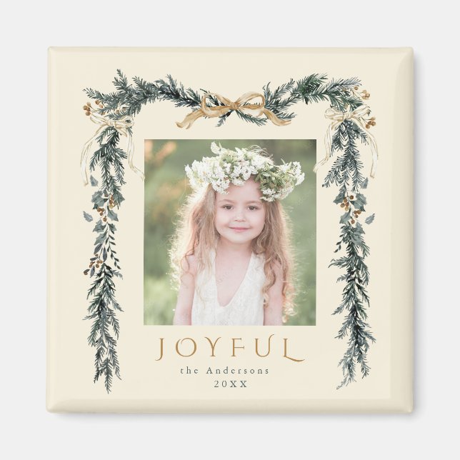 Gold & Green Christmas Frame Photo Joyful Ivory Magnet (Front)
