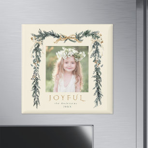 Gold & Green Christmas Frame Photo Joyful Ivory Magnet