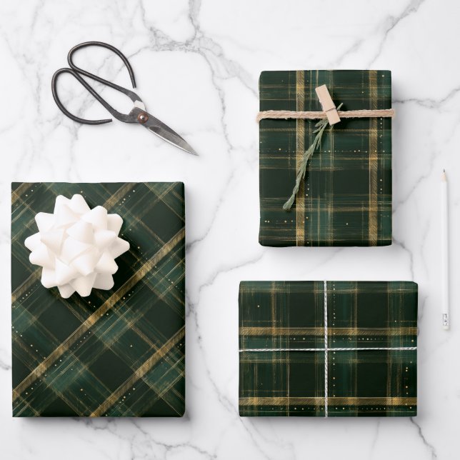 Gold Green Christmas Holiday Plaid  Wrapping Paper Sheets (Front)