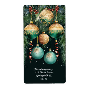 Gold Green Christmas Ornaments Address Label