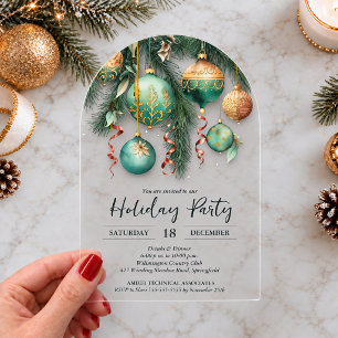 Gold Green Christmas Ornaments Arched Party Acrylic Invitations