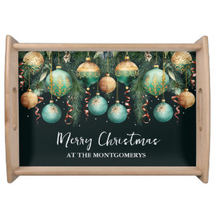 Gold Green Christmas Ornaments Serving Tray