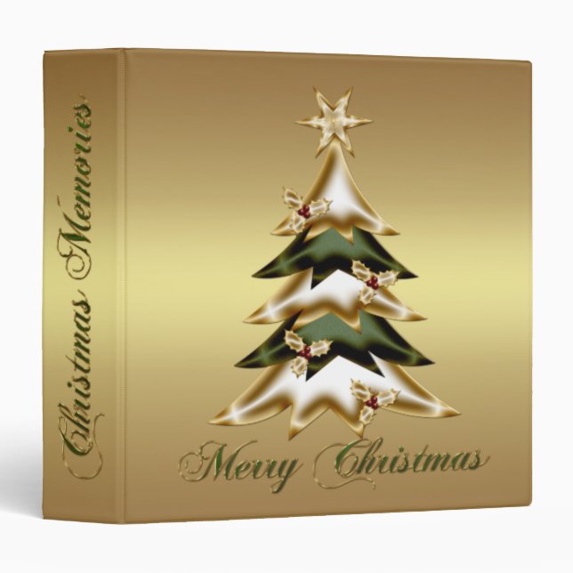 Gold Green Christmas Tree Holly Berries Photo Binder (Front/Spine)