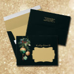 Gold Green Christmas Tree Ornaments Envelope<br><div class="desc">Elegant Christmas holiday envelopes feature a design of pine branches,  green and gold Christmas ornaments and ribbons on a deep green background with your return address on the back and a decorative gold box to write in your recipient's address. MATCHING invitations and more items in our collection.</div>