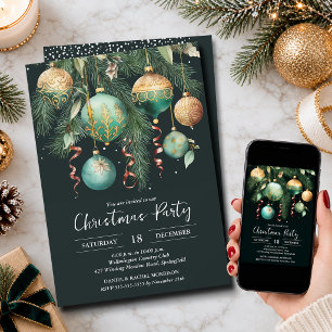 Gold Green Christmas Tree Ornaments Party Invitation