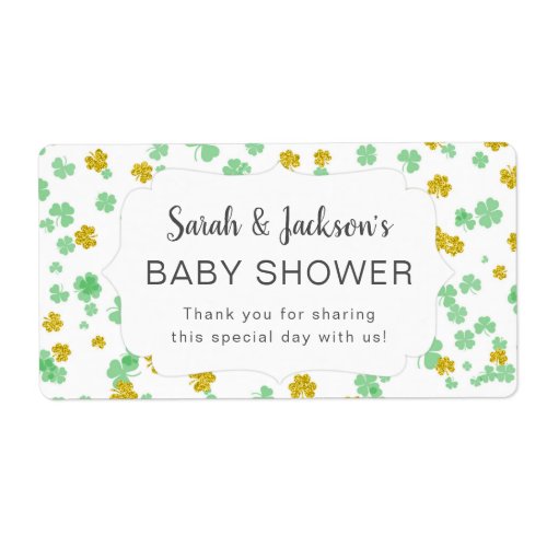 Gold Green clovers baby shower water bottle label