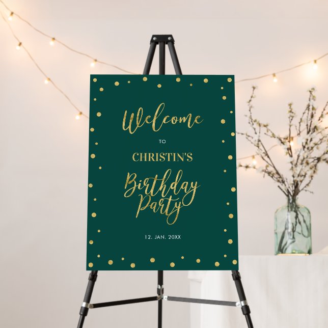 Gold & Green Confetti Birthday Party Welcome Sign (In Situ (Stand))
