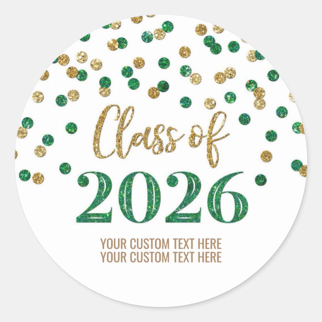 Gold Green Confetti Graduation 2026 Classic Round Sticker (Front)