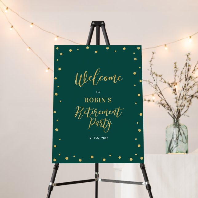 Gold & Green Confetti Retirement Party Welcome Foam Board (In Situ (Stand))