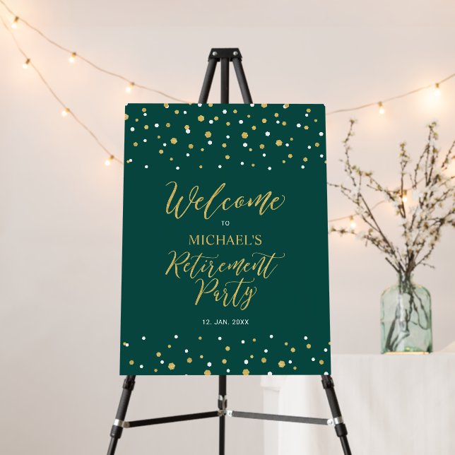Gold & Green Confetti Retirement Party Welcome Foam Board (In Situ (Stand))
