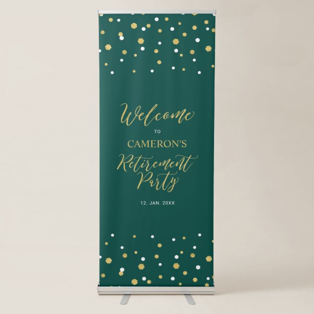 Gold & Green Confetti Retirement Party Welcome Retractable Banner (Front)