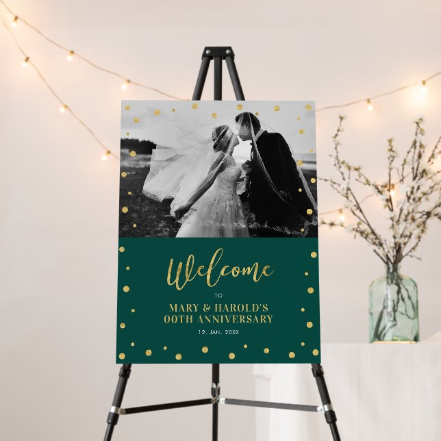 Gold & Green Confetti Wedding Anniversary Welcome Foam Board (In Situ (Stand))