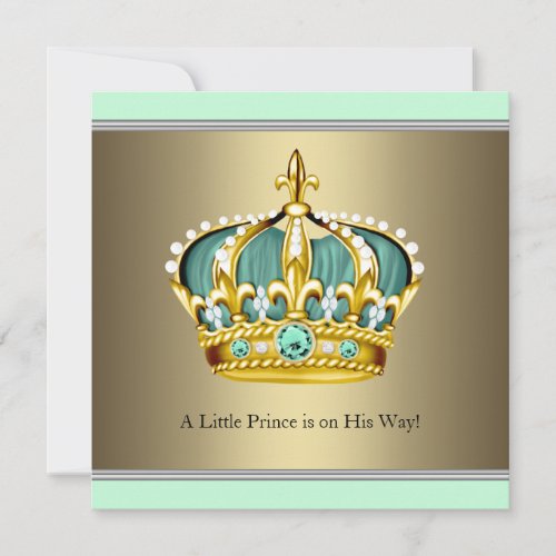 Gold Green Crown Prince Baby Boy Shower Custom Invitation