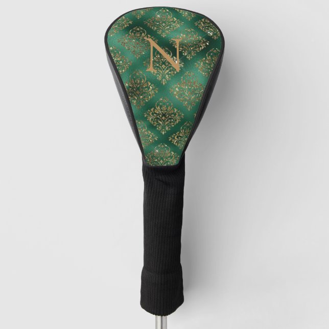 Gold Green Damask Elegant Monogram Glitter  Golf Head Cover (Front)