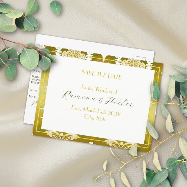 Gold Green Damask Wedding Announcement Postcard (Creator Uploaded)