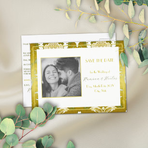 Gold Green Damask Wedding Announcement Postcard