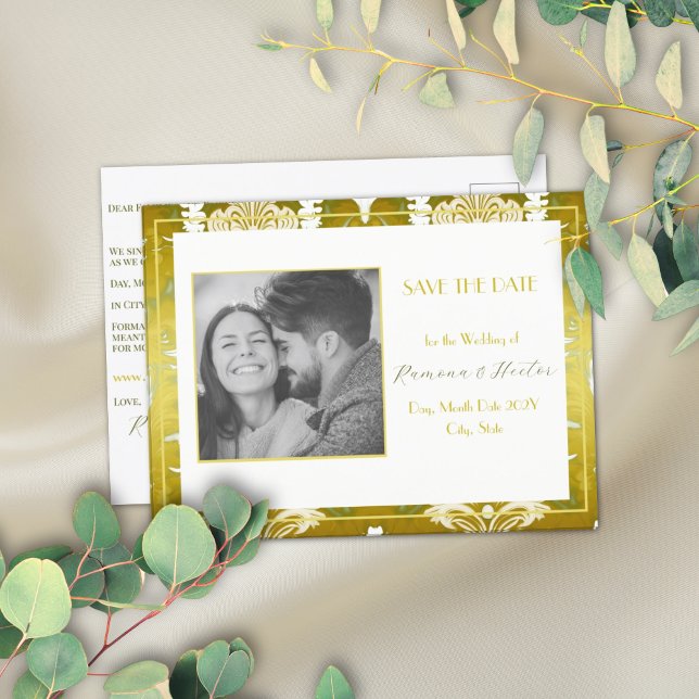 Gold Green Damask Wedding Announcement Postcard (Creator Uploaded)