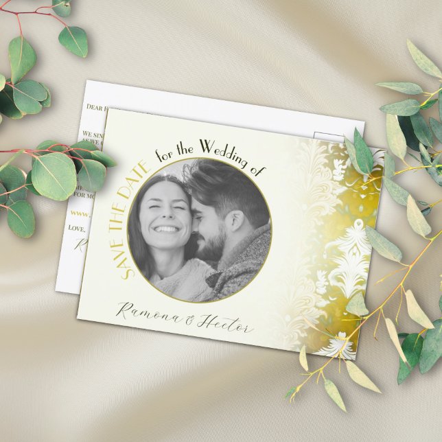 Gold Green Damask Wedding Announcement Postcard (Creator Uploaded)