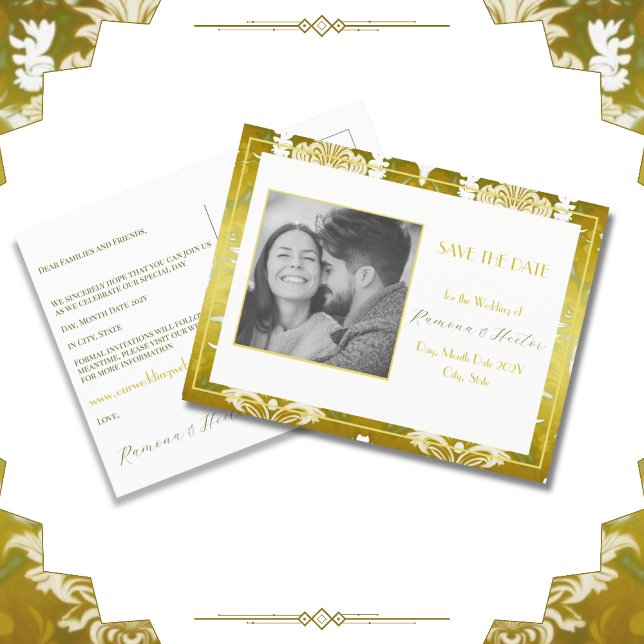 Gold Green Damask Wedding Announcement Postcard (Creator Uploaded)
