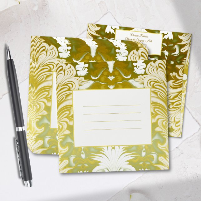 Gold Green Damask Wedding Envelope (Creator Uploaded)