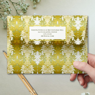 Gold Green Damask Wedding Envelope