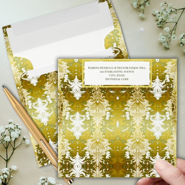 Gold Green Damask Wedding Envelope (Creator Uploaded)