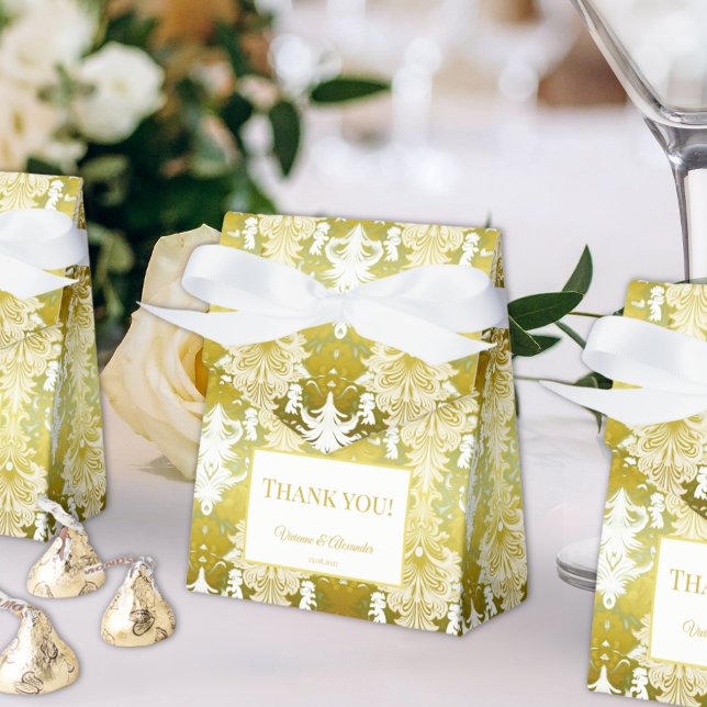 Gold Green Damask Wedding Favor Boxes (Creator Uploaded)