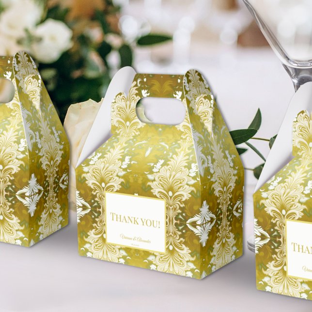 Gold Green Damask Wedding Favor Boxes (Creator Uploaded)