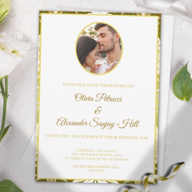 Gold Green Damask Wedding Invitation (Creator Uploaded)