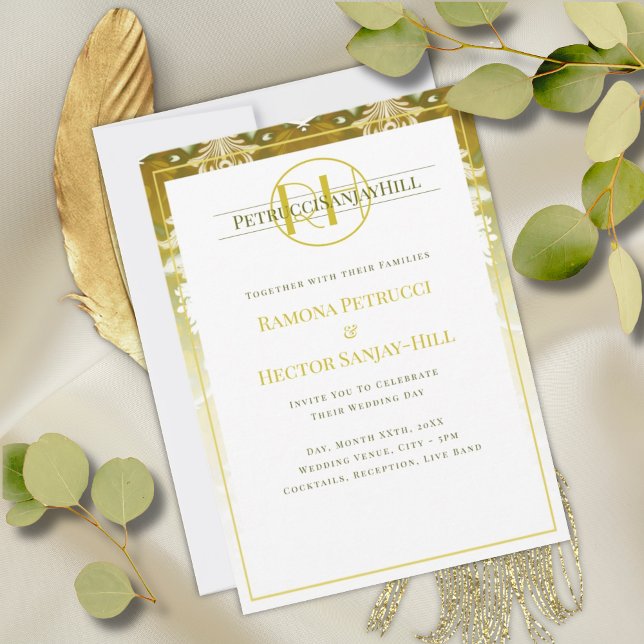 Gold Green Damask Wedding Invitation (Creator Uploaded)