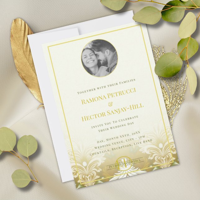Gold Green Damask Wedding Invitation (Creator Uploaded)