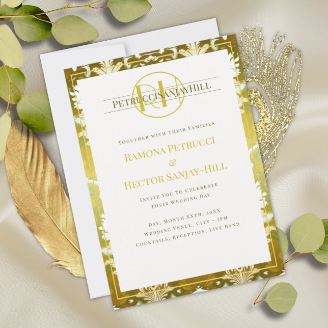 Gold Green Damask Wedding Invitation (Creator Uploaded)