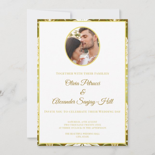 Gold Green Damask Wedding Invitation (Front)