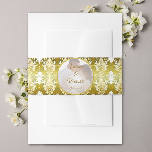 Gold Green Damask Wedding Invitation Belly Band (Creator Uploaded)