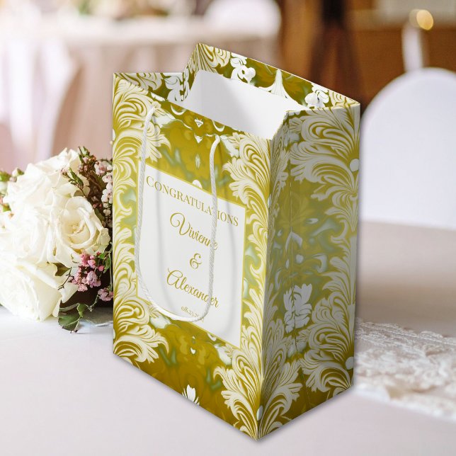 Gold Green Damask Wedding Medium Gift Bag (Creator Uploaded)