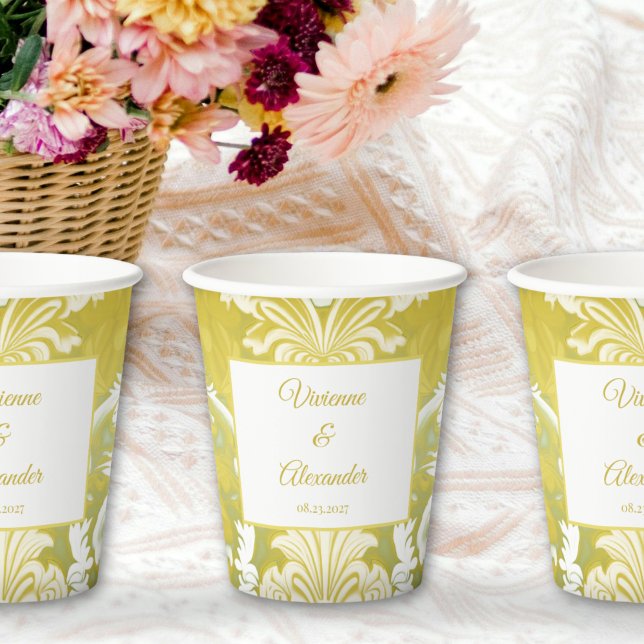 Gold Green Damask Wedding Paper Cups (Creator Uploaded)