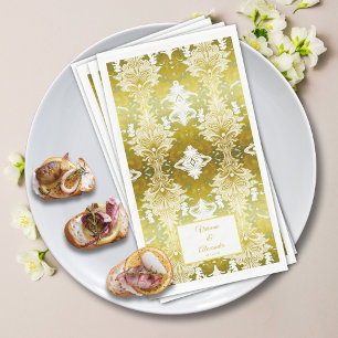 Gold Green Damask Wedding Paper Guest Towels