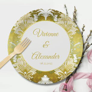 Gold Green Damask Wedding Paper Plates