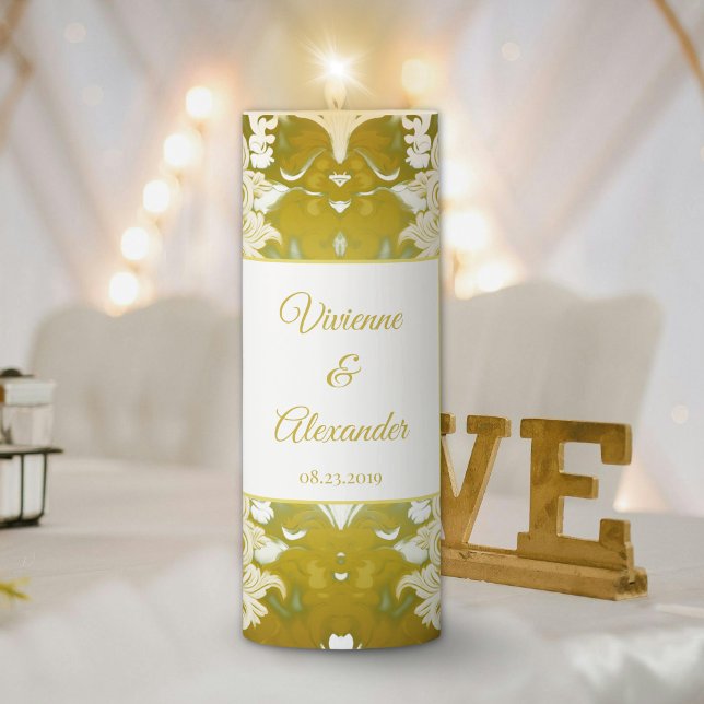 Gold Green Damask Wedding Pillar Candle (Creator Uploaded)
