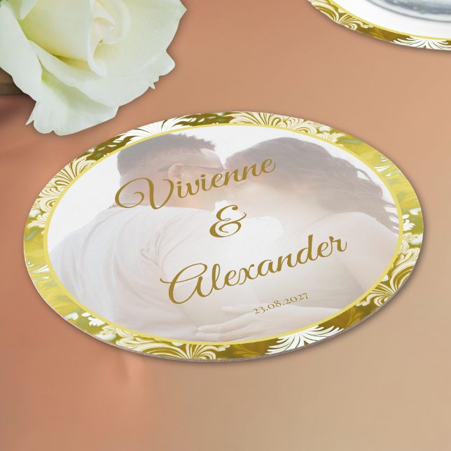 Gold Green Damask Wedding Round Paper Coaster (Creator Uploaded)