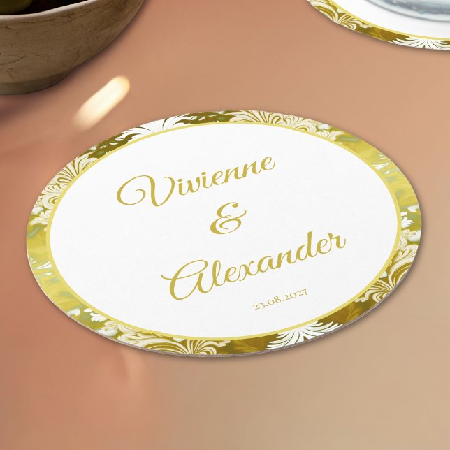 Gold Green Damask Wedding Round Paper Coaster (Creator Uploaded)