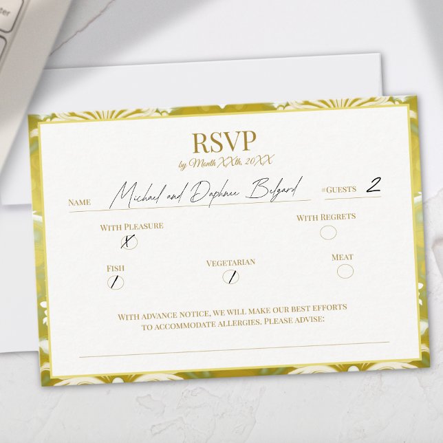 Gold Green Damask Wedding RSVP Card (Creator Uploaded)
