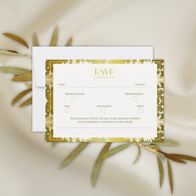 Gold Green Damask Wedding RSVP Card (Creator Uploaded)